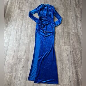 AMTIOUS Elegant Blue Velvet Evening Gown